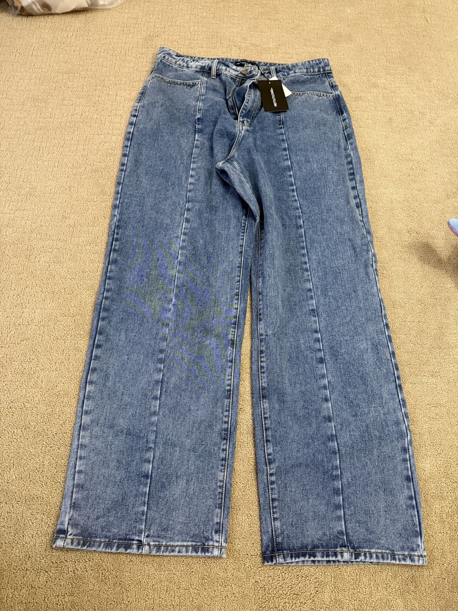 PrettyLittleThing Vintage Wash Seam Front Wide Leg Jeans – Size 12