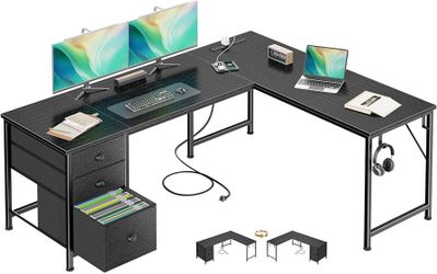 63" L-Shaped Computer Desk w/ Power Outlet & USB-C, Corner Desk w/ Drawers & Storage