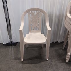 Set of Six White Plastic Stackable Outdoor Chair with Floral Backrest