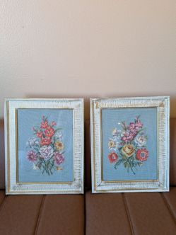 Vintage Floral Needlepoint Framed Art - Set of 2