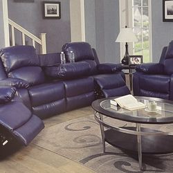 Blue Leather Fully Reclining Three Piece Couch Set 
