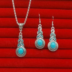 Gorgeous VintageTurquoise Water drop Shaped Pendent Necklace and Earrings Set