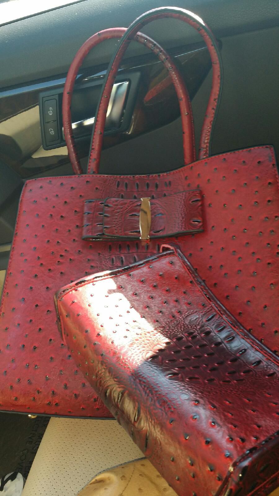 BCBG Belt Bracelets + Red Ostrich Leather Bag + Clutch