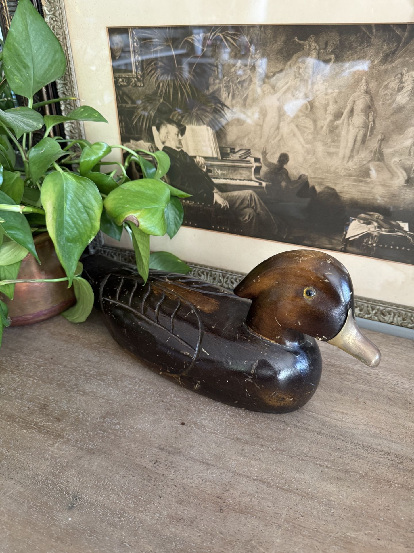 Vintage Wood Duck Decoy Carved Brass Bill Dark Brown Decor Rustic Farmhouse Hunt Cabin Man Cave Den