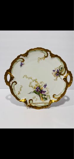 Antique LIMOGES France Two Handles Cake Plate Porcelain Hand Painted Gilded 11.5 .Limoges porcelain serving platter. Features hand-painted purple flow
