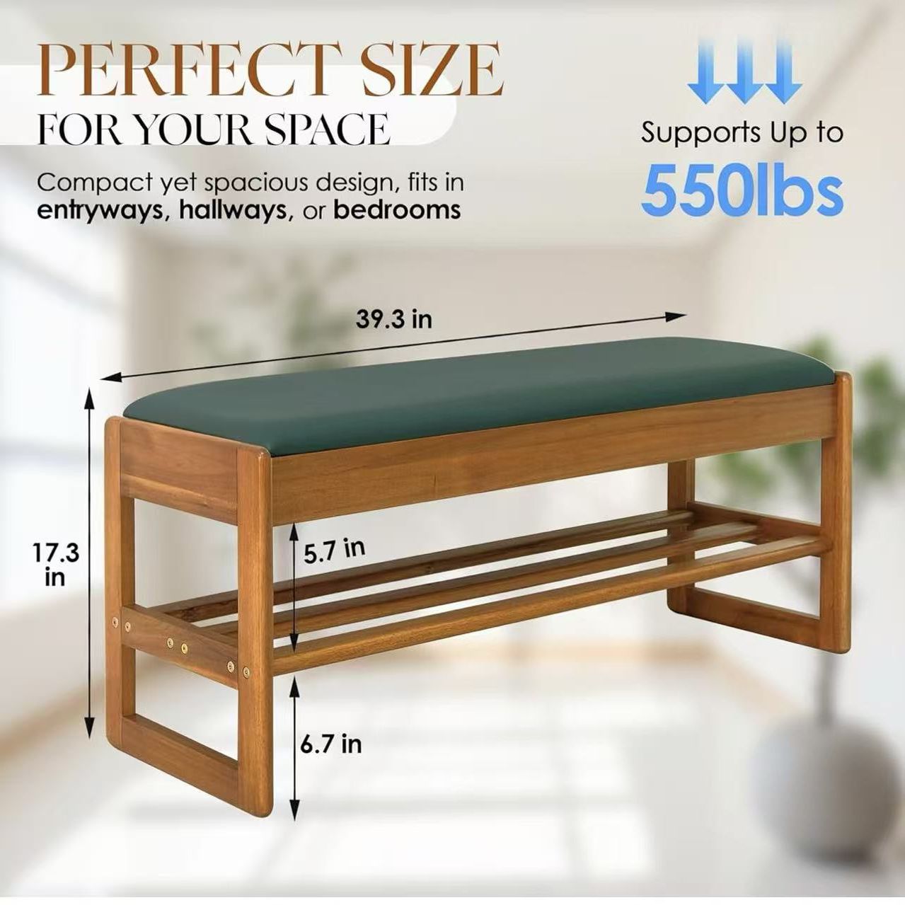 DPWoodon 39.4" Large Size Acacia Wood Entryway Shoe Rack Bench with Cushion, (Color Peru/Dark Green/Dark Brown)