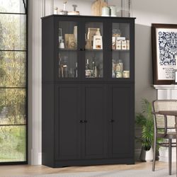  69" Tall Glass Door Display Bookcase, 5-Tires Large Storage Bookshelves with Adjustable Shelves for Home Office Kitchen Dining Room, Black