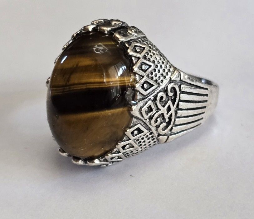 NATURAL TIGER EYE QUALITY TITANIUM EMBOSSED SILVER NEW SIZE 11 MENS RINGS