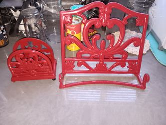 Vintage Red Cast Iron Matching Cookbook Stand And Napkin Holder