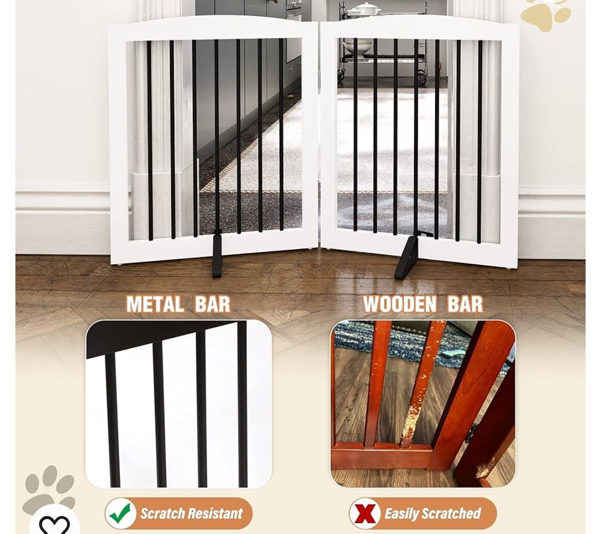 PUPETPO Freestanding Pet Gate For Dogs, Foldable Wooden Dog Gate For House, Indoor Dog Gate For Stairs, Doorways, Step Over Pet Puppy Safety Fence, Su