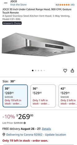JOCO 30 Inch Under Cabinet Range Hood, 900 CFM, Gesture Touch Remote 4-Speed Stainless Steel Kitchen Vent Hood, 3-Way Venting, Model C01-30G