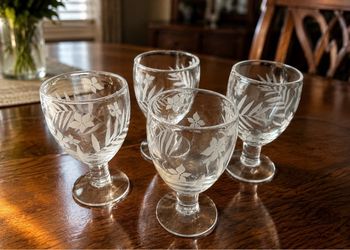 4 etched glass goblets new condition