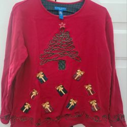 Karen Scott Sport Women's size Small Christmas Shirt in red with an embroidered ribbon Christmas tree and appliqued presents