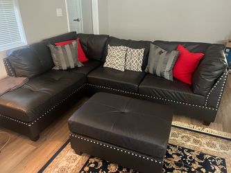 Dark Brown Leather Sectional Sofa with Ottoman