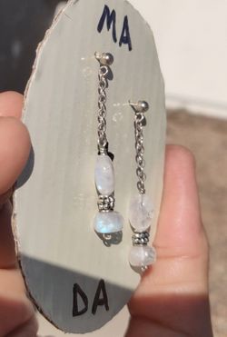 Sterling Silver & Rainbow Moonstone Earrings w/ Pewter Accents