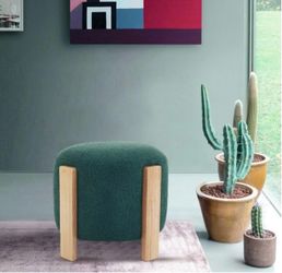 Modern Round Storage Ottoman / Wooden Accent Stool – Blackish Green