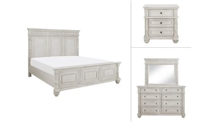 White Wood Bedroom Set with Bed, Dresser, and Nightstand