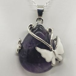 Natural Amethyst Butterfly Silver Necklace 
