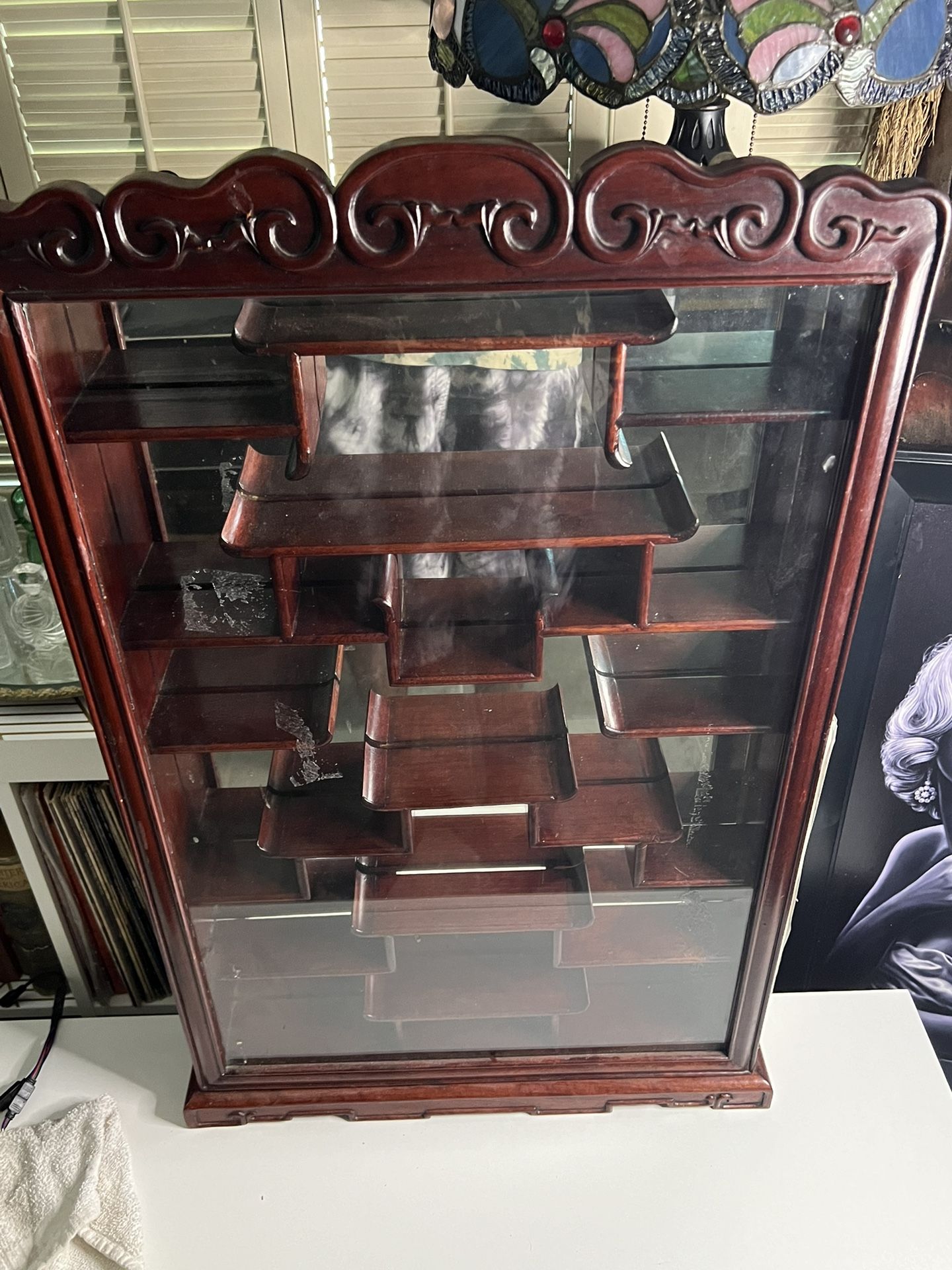Vintage Asian Rosewood Glass Wall Shelf Display Curio Cabinet