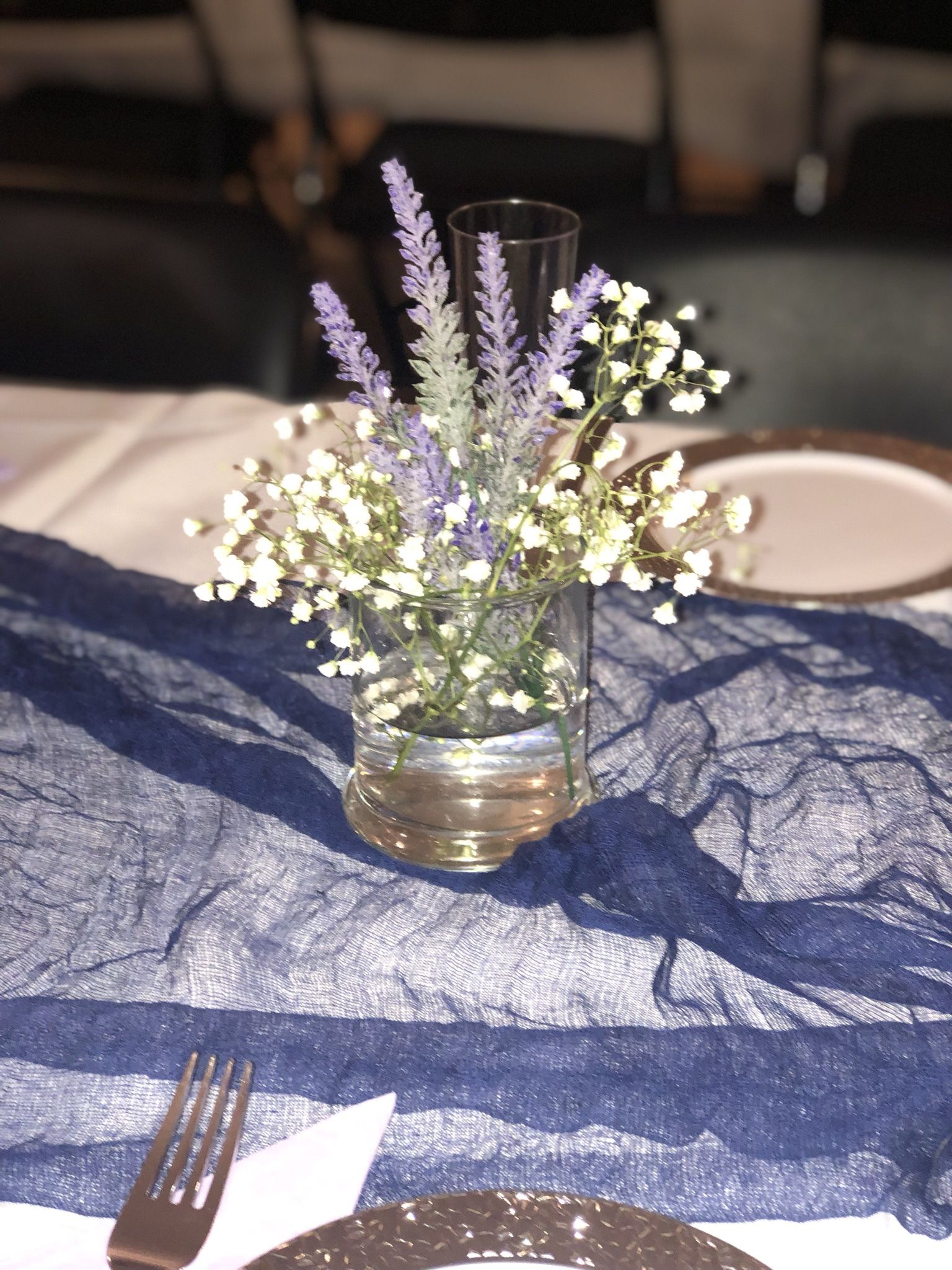 Wedding Decor Navy Gauze Table Runners & Flowers