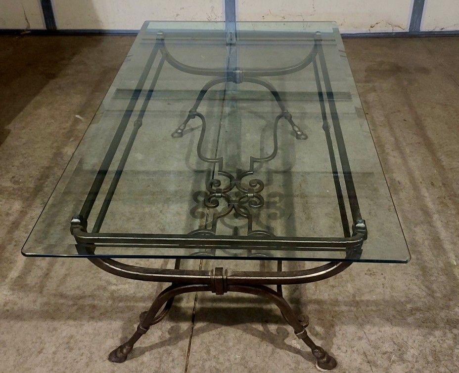 Large wrought iron thick beveled glass coffee table – $250