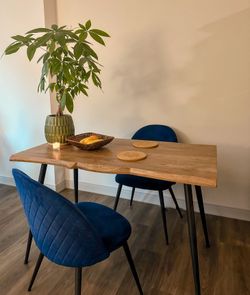 Dining Table Set — Wood Table & 2 Blue Velvet Accent Chairs