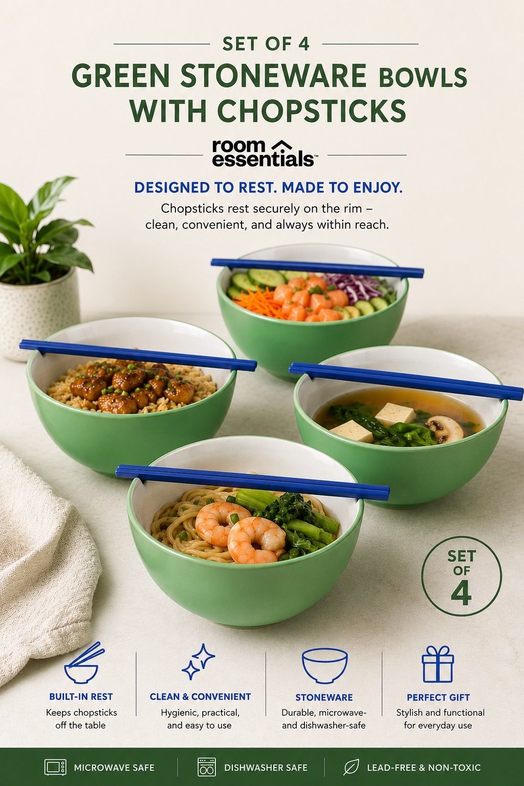 Set of 4 Green Stoneware Bowls With Chopsticks