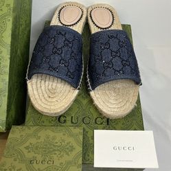Authentic New Gucci Pilar GG Denim Crystals Espadrille Sandals (Size: Euro 41 woman’s US 9-10)   