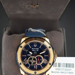 Bulova Marine Star Automatic Rose Gold 98A227 Tone Blue Dial Silicone Band Watch