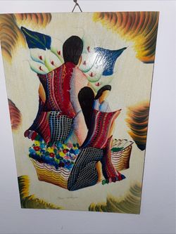 Oil on board-Guatemala vintage folkart-women selling calla Lillies at market-signed
