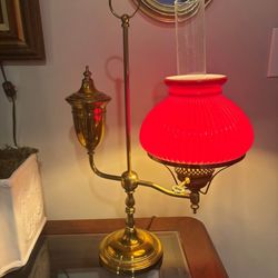 Vintage Brass Oil Lamp – Red Glass Shade – Works