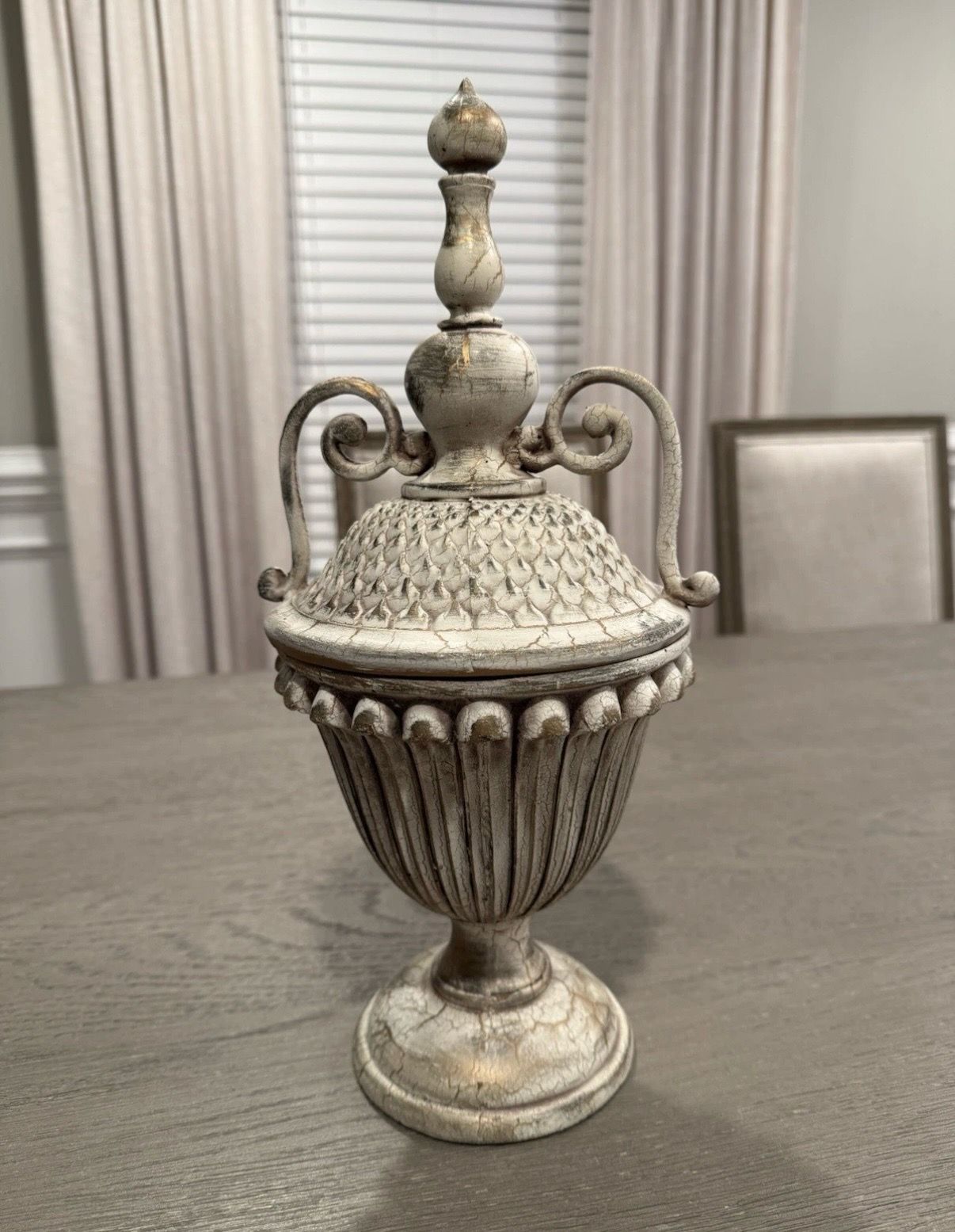 Vintage Vase/Jar Urn With Distressed Weathered Finish and Metal Scroll Design