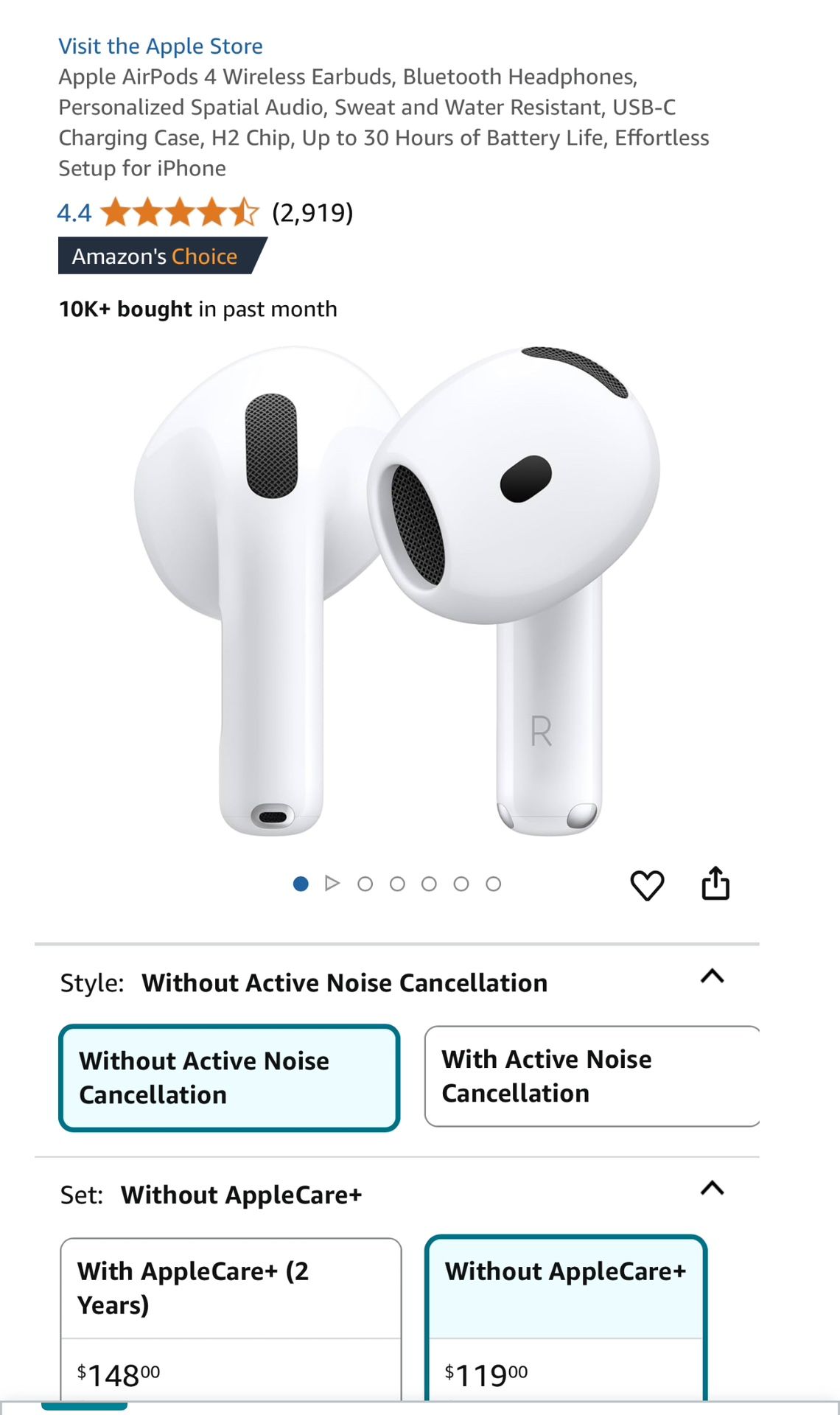 Apple AirPods 4 Wireless Earbuds, Bluetooth Headphones, Personalized Spatial Audio, Sweat and Water Resistant, USB-C Charging Case, H2 Chip, Up to 30 