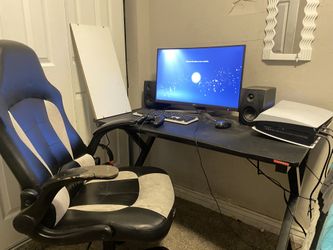 Gaming monitor, desk, chair