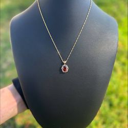 Jewelry 14k solid yellow gold necklace chain with 2CT oval Ruby and 0.18CTW Diamond stones charm pendant 16.75"  2.9 grams