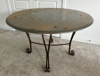 Antique Wooden Top Table w/ Wrought Iron Base