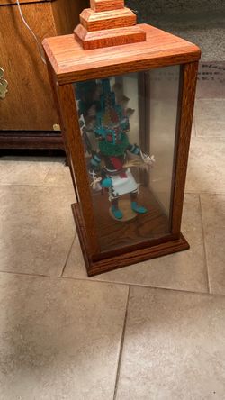 vintage 1970s Southwestern-style hanging swag lamp featuring hand-painted Native American Kachina figures and woven rattan panels. [1] (/goto?url=CAES