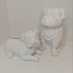 Bulldog Ceramic White Figurines Set Of 2 Animal Figures.