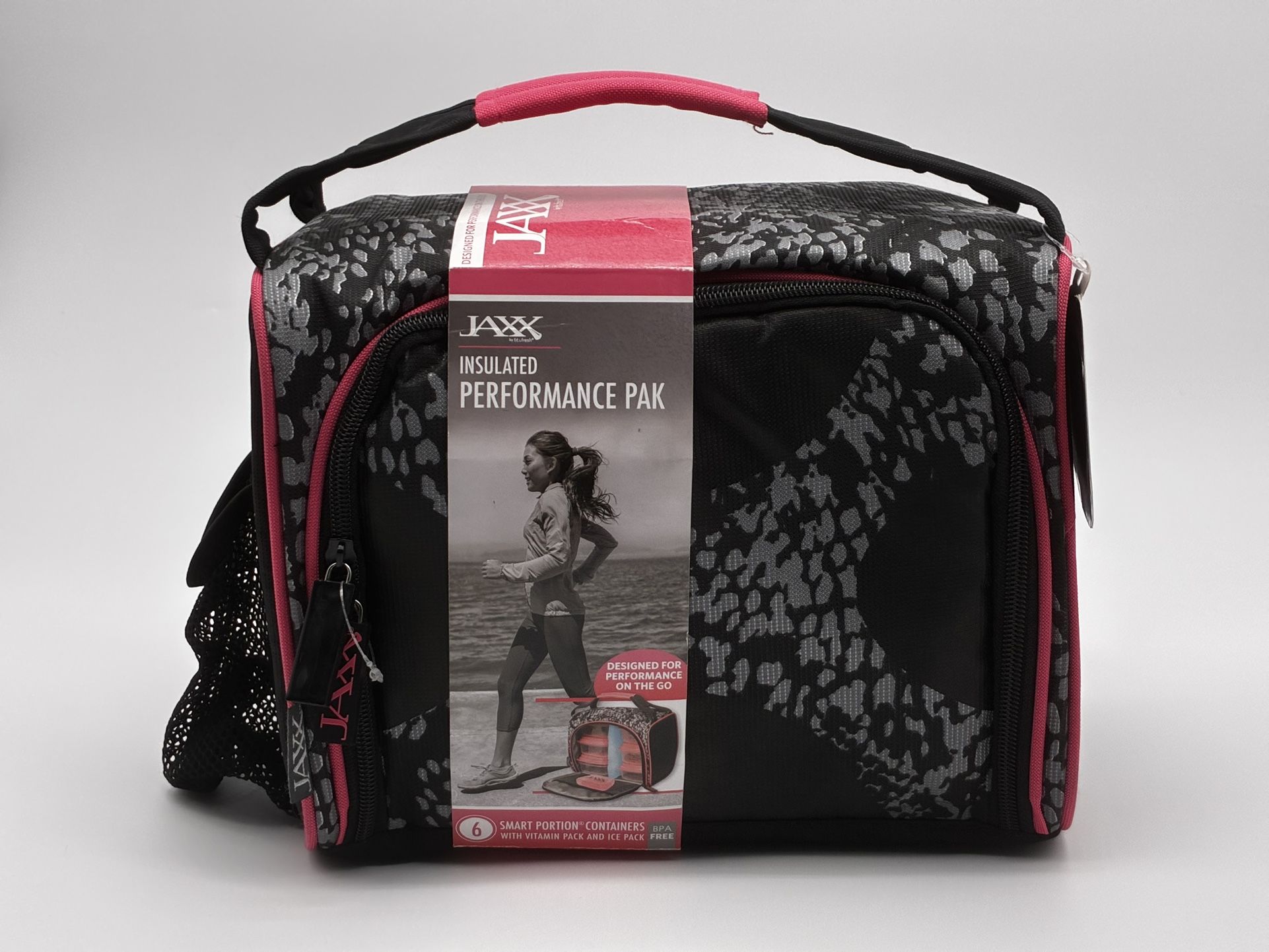 JAXX Insulated Performance Pak Meal Prep Bag w/ 6 Containers Ice Pack Black Pink