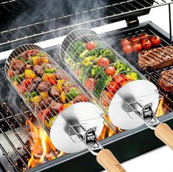 TNTOR Rolling Grill Basket, Removable Wooden Handle, 304 Stainless Steel, Nest