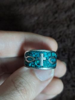 Sterling silver size 8 1/2 Cristian cross fish and turquoise ring