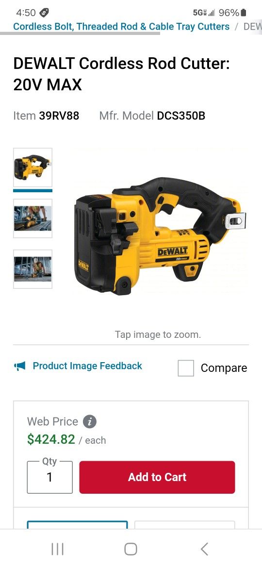 DEWALT DCS350 20V MAX* Cordless Threaded Rod Cutter (Tool Only)