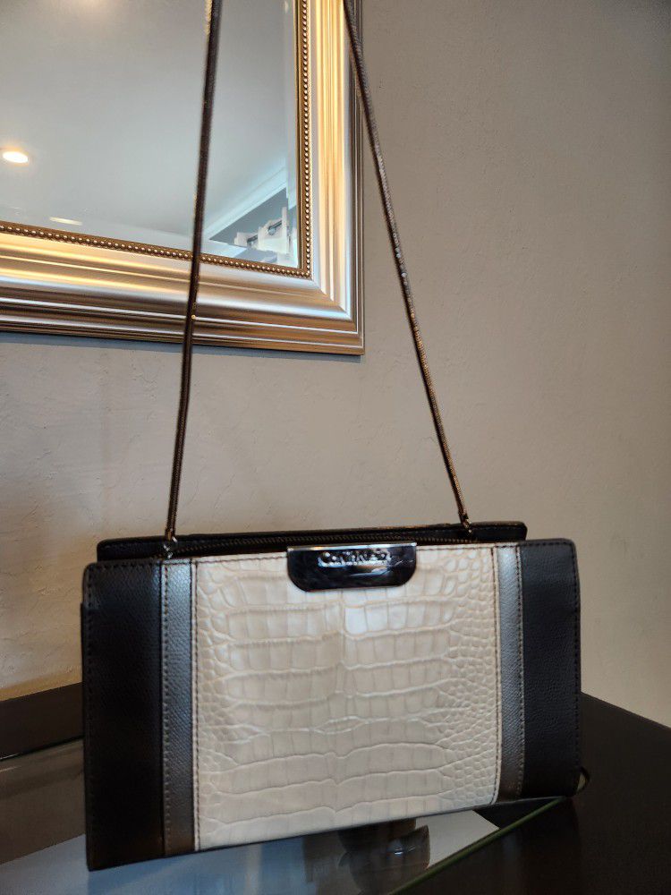 Calvin Klein “Lola” Croc Embossed Leather Clutch Handbag Purse Smoke