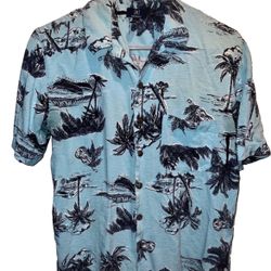 Hawaiian Shirt Small Ocean Breeze Blue Palm Trees Short Sleeve Button Front