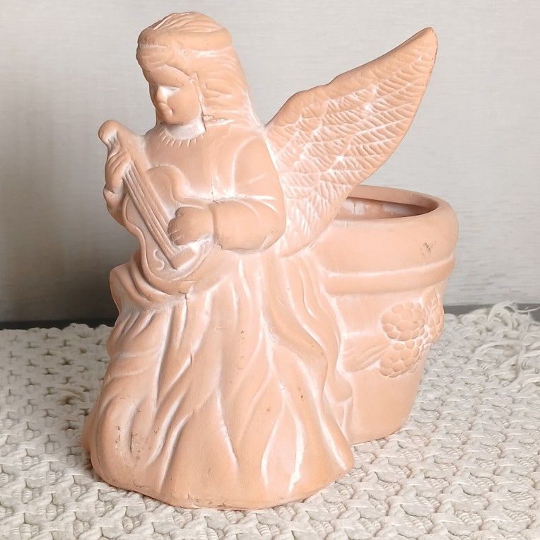 Vtg 6.5" Tall Angel Harp Terracotta Succulent Planter Christmas Holiday Decor
