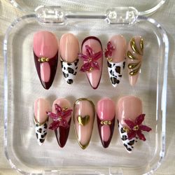 Animal Print Press On Nails – Nude Red with 3D Flowers & Gold Heart