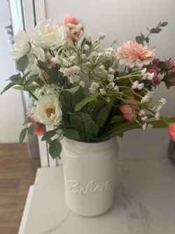 Faux Floral Arrangement in White Ceramic Vase