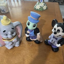 Disney Ceramic Statues/Figurines, Mickey Mouse, Dumbo, Jiminy Cricket. 