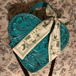 Turquoise Lether Heart Shape Purse with Floral Scarf