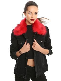 Hot Topic Red Removable Faux Fur Black Denim Jacket